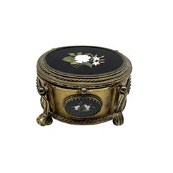 19th century Pietra Dura mounted gilt metal casket, the circular and oval panels decorated with floral sprays within rope twist and beaded borders, on four ball feet, L12cm