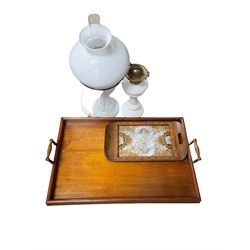 Twin handled mahogany tea tray, butterfly tray and two opaque oil lamps, one with shade (4)
