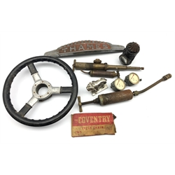 Chromed car mascot in the form of a Bulldog, L11cm, Thames car badge, steering wheel, early 20th century Bicycle lamp, two oil gauges and similar items 