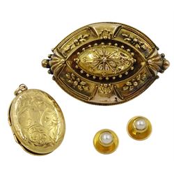 Victorian gold mourning brooch, pair of gold pearl shirt studs both tested 15ct and an Edwardian 9ct gold locket, Chester 1909