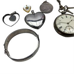 Victorian silver cased key wind pocket watch, Fogg's patent, with silver Albert chain and a stainless steel Rone Incabloc keyless pocket watch, together with small group of silver jewellery, an imitation shagreen cigarette case and a Ronson lighter