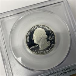 Five United States of America 2010 first strike silver quarter dollar coins, comprising Yosemite, Grand Canyon, Hot Springs, Yellowstone and Mount Hood, all encapsulated by PCGS