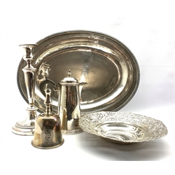 Sheffield plate oval meat platter with gadrooned edge W54cm, plated dish with pierced border , plated hot water jug and two other items