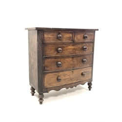 Victorian mahogany bow front chest fitted with two short and three long drawers, enclosed by quarter round spiral turned pilasters, raised on turned supports, W123cm, H120cm, D54cm