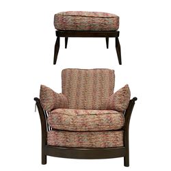 Ercol - 'Renaissance' armchair and footstool, the loose cushions upholstered in multi-coloured textured fabric