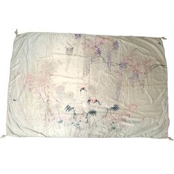 Early 20th century Japanese embroidered panel or bedspread, worked on ivory ground with three cranes amongst wisteria, Peonies and other flowers, with an ivory silk reverse and rope twist edging, L225cm x H150cm 