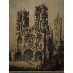 William Monk (British 1863-1937): Laon Cathedral, etching with hand colouring signed 66cm x 53cm