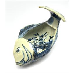 Japanese blue and white dish c1900 modelled as a Carp with floral painted interior, L23cm 
