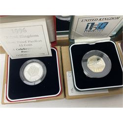 The Royal Mint United Kingdom cased silver proof coins or sets, comprising 1990 five pence two coin set, 1996 'A Celebration of Football' piedfort two pounds, 1997 piedfort fifty pence, 1997 fifty pence two coin set, 1997-1998 two pound two coin set, 2000 'Public Libraries' piedfort fifty pence, 2000 'Public Libraries' fifty pence and 2003 'DNA' two pounds, all cased with certificates

