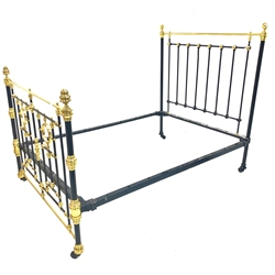 Victorian brass and iron double bedstead, with Vono cross rails and raised on ceramic castors 