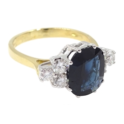 18ct gold oval sapphire ring, each side set with three diamonds, hallmarked, sapphire approx 3.10 carat, total diamond weight approx 0.65 carat