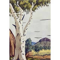 Basil [Basel] Rantji (Australian Aboriginal 1936-1999): Ghost Gum Tree in the MacDonnell Ranges, watercolour signed 36cm x 25cm