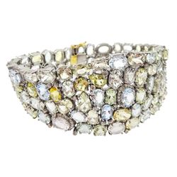 Silver vari-cut multi colour aquamarine and round brilliant cut diamond bracelet, total aquamarine weight approx 50.35 carat, total diamond weight approx 1.50 carat