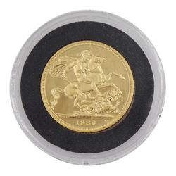 Queen Elizabeth II 1980 gold proof full sovereign coin, with The London Mint Office certificate