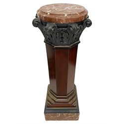 Late 19th century Neoclassical design rouge marble and mahogany pedestal or jardinière, the circular marble rest over a Corinthian order capital, the octagonal column with a cavetto socle on a stepped base with square marble plinth 