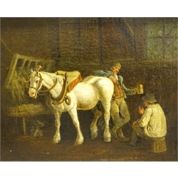 After George Morland (British 1763-1804): Horse and Figures in Stable setting, 19th century oil on canvas unsigned 35cm x 43cm, and 'The Cottagers', early 20th century lithograph 45cm x 52cm (2)