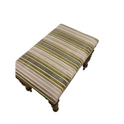 Victorian stool upholstered in striped fabric, raised on turned supports