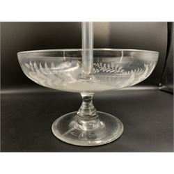 Victorian glass table centrepiece, with central trumpet vase and bowl with fern etched decoration on circular foot, H33cm 