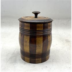19th century treen salt box, of barrel form with bands of sycamore and alder, with associated cover H20cm 