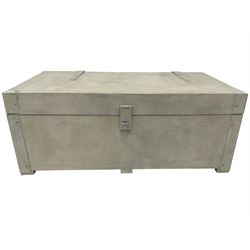 Mid-20th century white and waxed finish tool box or chest, rectangular hinged top with wrought metal fittings and twin handles, interior fitted with two tiers and tool holders