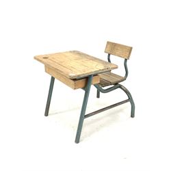 Mid 20th century child's desk, with pine seat, back rest and top, raised on tubular aluminium base, W60cm
