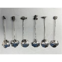 Set of six Japanese silver tea spoons with various leaf shape bowls, slender stems and the finials formed as fish, insects, bird, frog etc, L9cm marked'SM' with import mark for 1897 and Liberty mark, cased