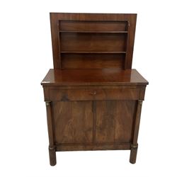 French 19th century mahogany buffet, the retractable raised back with two shelves and dividing stays, rectangular top with twin brushing slides to the side, fitted with single frieze drawer over double cupboard, flanked by pilasters with embossed brass capitals, on cylindrical supports
