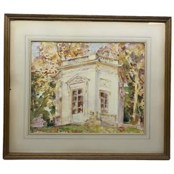 Wilfrid Gabriel de Glehn (British 1870-1951): The Belvedere Pavilion at Versailles, watercolour signed and dated 1930, 40cm x 49cm 
Notes: The Belvedere Pavilion was built for Marie Antoinette by Richard Mique in 1781 in the gardens of the Petit Trianon.
The artist painted Versailles many times during 1918 when he worked at the Château, first as a censor, and later as a translator during the Paris Peace Conference. His sketches of the grounds and gardens formed the basis of his one-man exhibition at the Leicester Galleries in 1919. This view was painted on one of de Glehn's later visits to his former home.