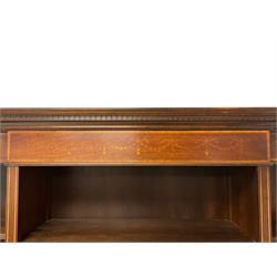 Georgian design inlaid mahogany breakfront open bookcase, projecting dentil cornice over frieze with satinwood banding and bellflower festoon inlays, with adjustable shelves, on skirted base