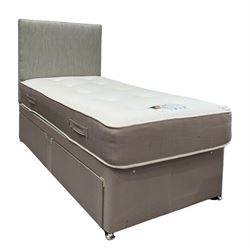3’ single divan bed with grey fabric headboard over single mattress and two drawers