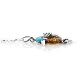 Silver amber and turquoise kingfisher pendant necklace, stamped 925