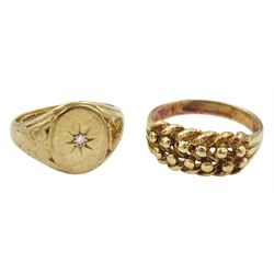 Gold single stone diamond signet ring and a gold keepers ring, both hallmarked 9ct