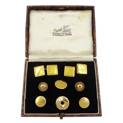 Pair of 9ct gold cufflinks, two 18ct gold shirt studs, three 9ct gold studs and a gilt stud, in velvet and silk lined box