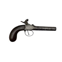 19th century percussion pistol with engraved lock and mahogany grip overall length 23cm