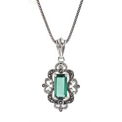 Silver green quartz and marcasite pendant necklace, stamped 925