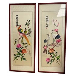 Chinese School (early 20th century): Bird of Paradise and Cranes, pair embroidered pictures on silk inscribed 100cm x 36cm (2)