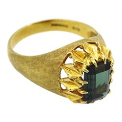 18ct gold single stone emerald cut green tourmaline ring, with engine turned shoulders, Birmingham import marks 1968