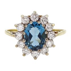 9ct gold oval Swiss blue topaz and cubic zirconia cluster ring, hallmarked 