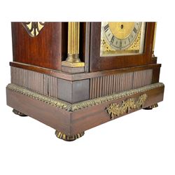 Webber of Liverpool - late 19th century English 8-day walnut bracket clock in a break arch case with brass finials and brass inlay to the tympanum, silk backed side frets with brass spandrels and reeded brass columns to the front, on a double rectangular plinth raised on brass feet,  with an arched brass dial, silvered chapter ring, Roman numerals and pierced steel hands with conforming subsidiary dials for pendulum regulation, chime/silent and chime selection,  substantial three train chain driven fusee movement sounding the quarters on 8-bells and the hours on a coiled gong. With pendulum and key.
