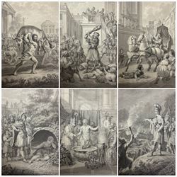 Haatje Pieters Oosterhuis (Dutch 1784-1854): Original Designs for Book Illustrations, set twelve watercolours each signed, for 'L'histoire Grecque, racontée à mes élèves' and 'L'histoire Romaine, racontée à mes élèves' (Greek/Roman history told to my students) pub. Amsterdam 1832-6, max 12.5cm x 7.8cm (12) (unframed)
Notes: the illustrations depict the following: Greek volume - Achilles dragging the body of Hector around the walls of Troy (title page), Milo of Croton carrying a bull on his shoulders, the philosopher Diogenes of Sinope in the wine barrel, Alcibiades lying in-front of a carriage. 
Roman volumes - Cleopatra in her ship (title page), Tarquin and the siege of Rome, Hannibal directing his armies, Mark Antony beheading Cicero. The rape/suicide of Lucretia (title page), Commodus dressed as Hercules clubbing Romans to death in the arena, Caligula and his horse Incitatus who he made consul, the baptism of Emperor Constantine. 