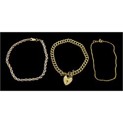 White and yellow gold rope twist bracelet, curb link bracelet with heart locket clasp and one other, all 9ct