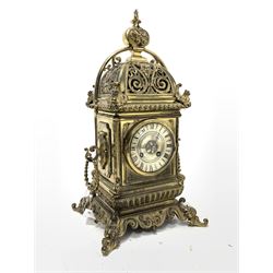 Late 19th century brass mantel clock, having an ornately cast case, silvered Roman chapter ring and French movement, circa 1890 W23cm