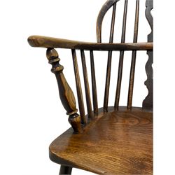 19th century elm and ash Windsor chair, low hoop stick back with pierced splat, dished seat raised on ring turned supports joined by swell turned H-stretcher