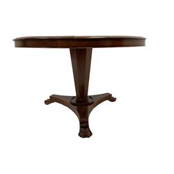 19th century mahogany circular centre table, octagonal pedestal support on triangular plinth base with paw feet