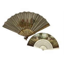 19th century gilt wood fan, the woven silk leaf painted with 18th century figures, together with an ivorine fan the leaf depicting 18th century figures in a country house garden after J. L. Luna (2)