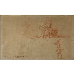 Circle of Jacques Bellange (1575-1666) red chalk study of a seated female figure holding a sword and two other figures, with inscription in black ink, 21cm x 34cm, bears signature