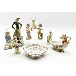 Lladro figure of a girl with a duck H23cm, another with a lamb, Beswick kitten, four Naples figures 'The Seasons' and two other Continental items