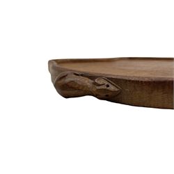 Mouseman - adzed oak kidney shaped tea tray with carved mouse signature handles, by Robert Thompson of Kilburn, L47cm