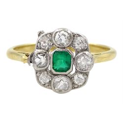 Art Deco 18ct gold milgrain set emerald and old cut diamond cluster ring, stamped 18ct Plat