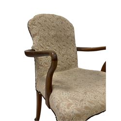 Late 19th century walnut elbow chair, shaped shell carved cresting rail over C-scroll carved and pierced splat, raised on cabriole supports; early to mid-20th century mahogany armchair, upholstered back and seat with swept arms and cabriole supports (2)